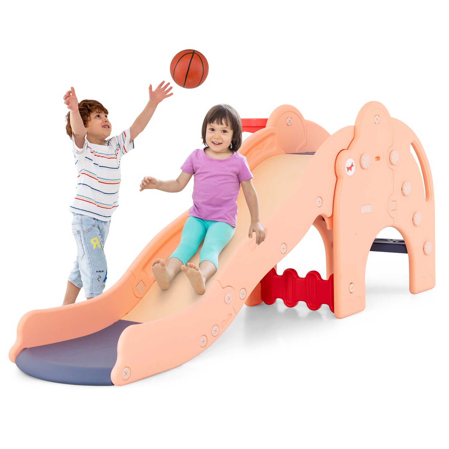 Kids Play Slide with Cute Elephant Shape and Basketball Hoop-Green