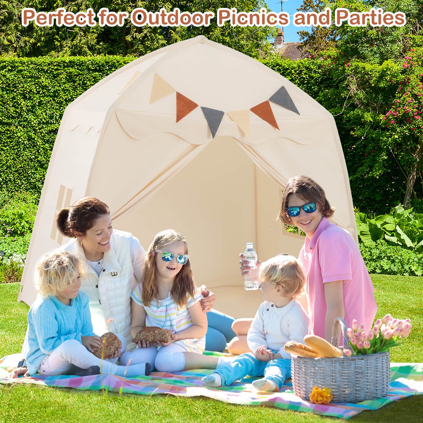Kids Play Tent Bed Tent Extra Large with Lights for 3-12 Years Old-Beige