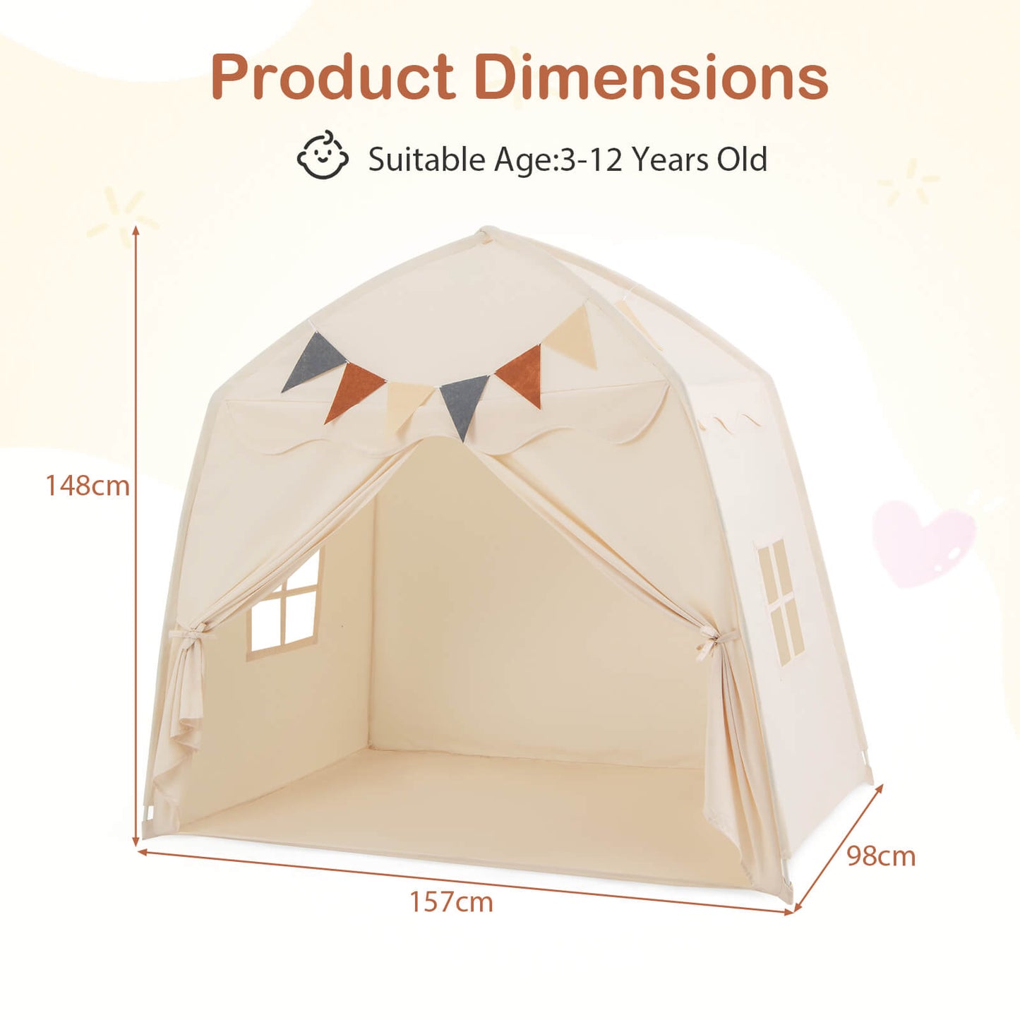 Kids Play Tent Bed Tent Extra Large with Lights for 3-12 Years Old-Beige