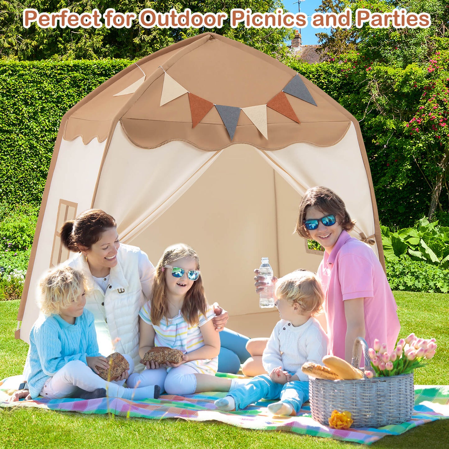 Kids Play Tent Bed Tent Extra Large with Lights for 3-12 Years Old-Beige