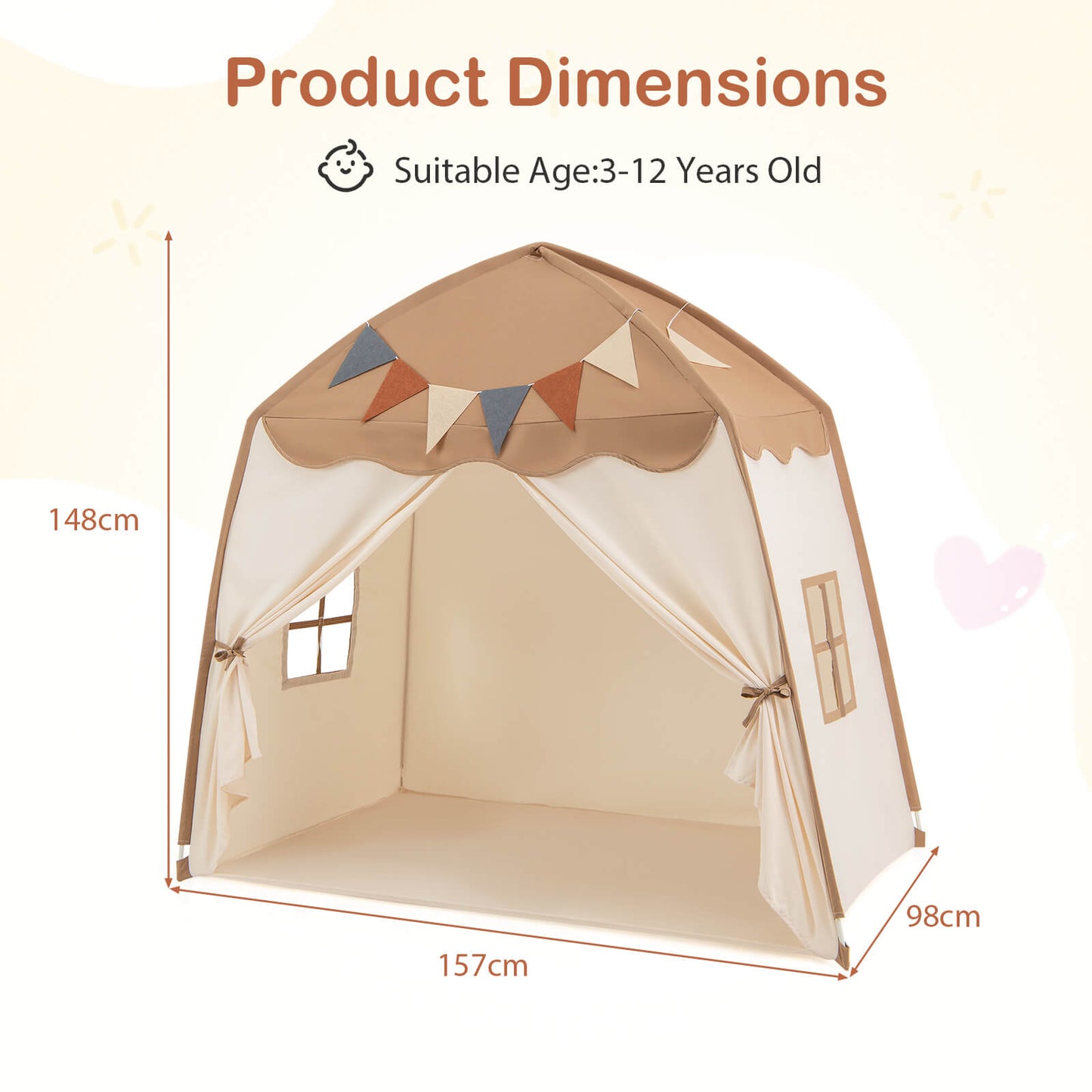 Kids Play Tent Bed Tent Extra Large with Lights for 3-12 Years Old-Beige