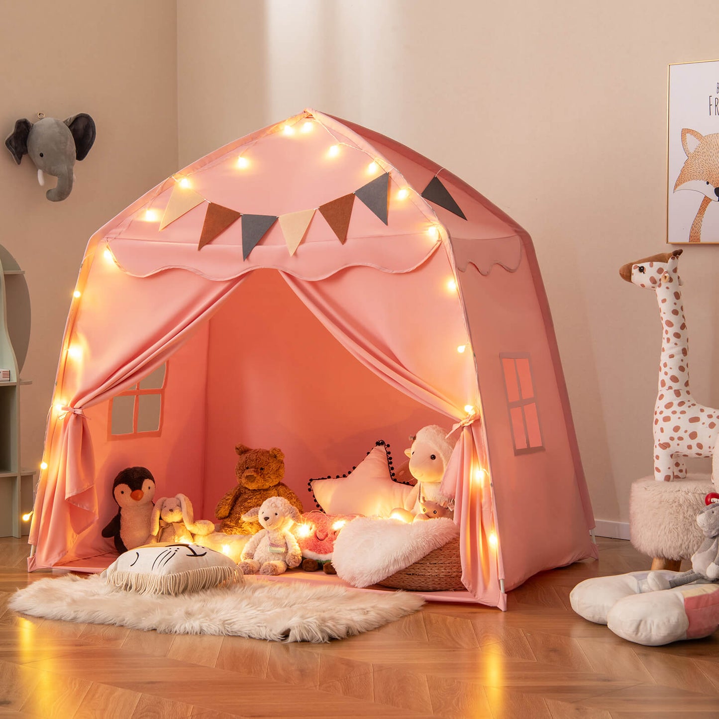 Kids Play Tent Bed Tent Extra Large with Lights for 3-12 Years Old-Beige