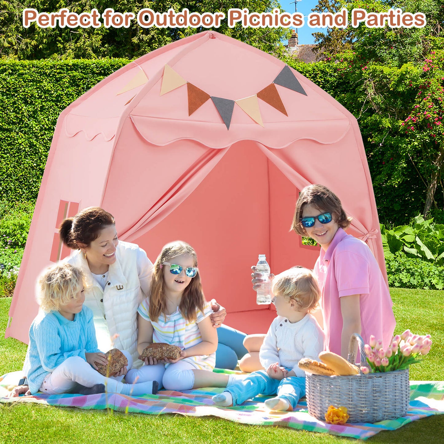Kids Play Tent Bed Tent Extra Large with Lights for 3-12 Years Old-Beige