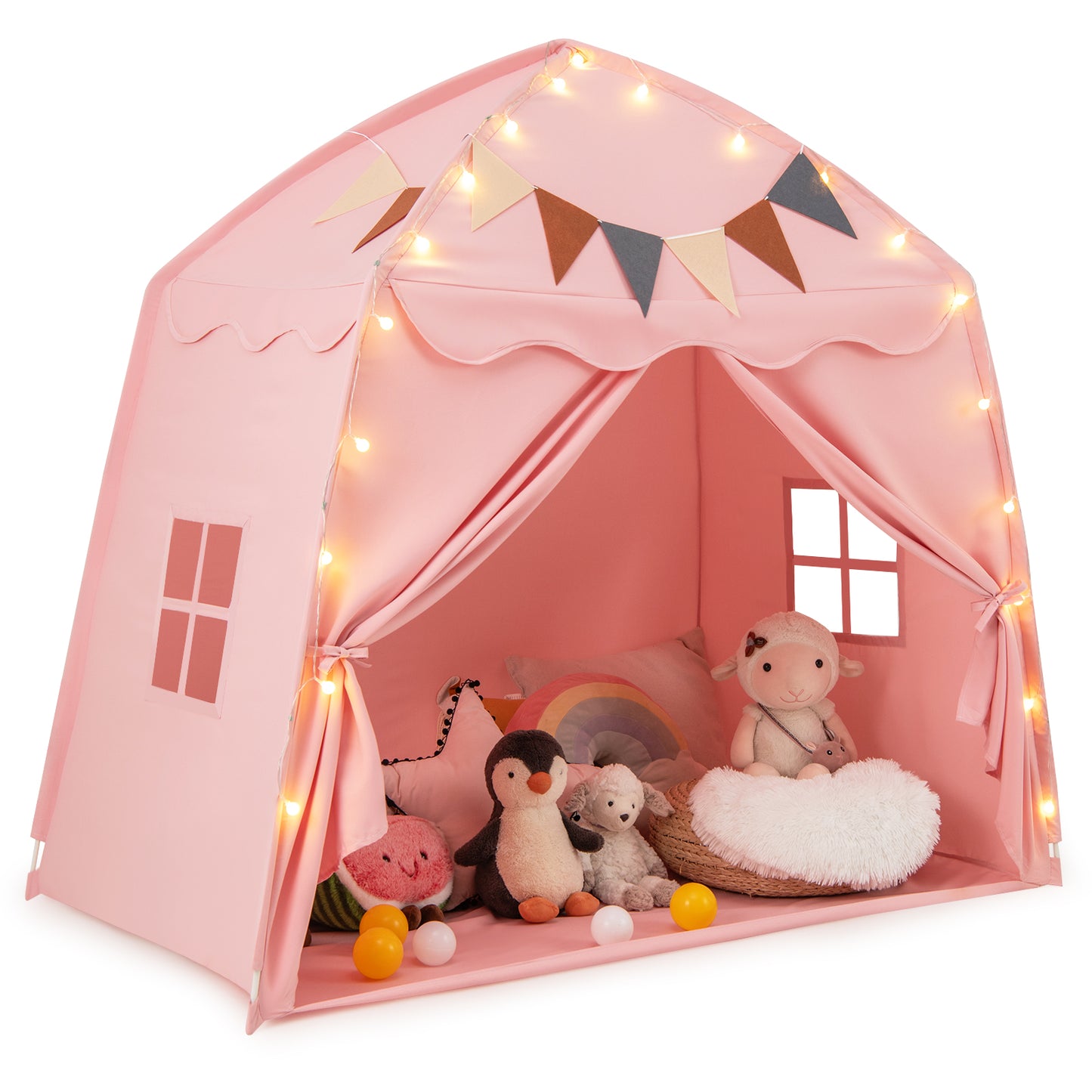 Kids Play Tent Bed Tent Extra Large with Lights for 3-12 Years Old-Beige