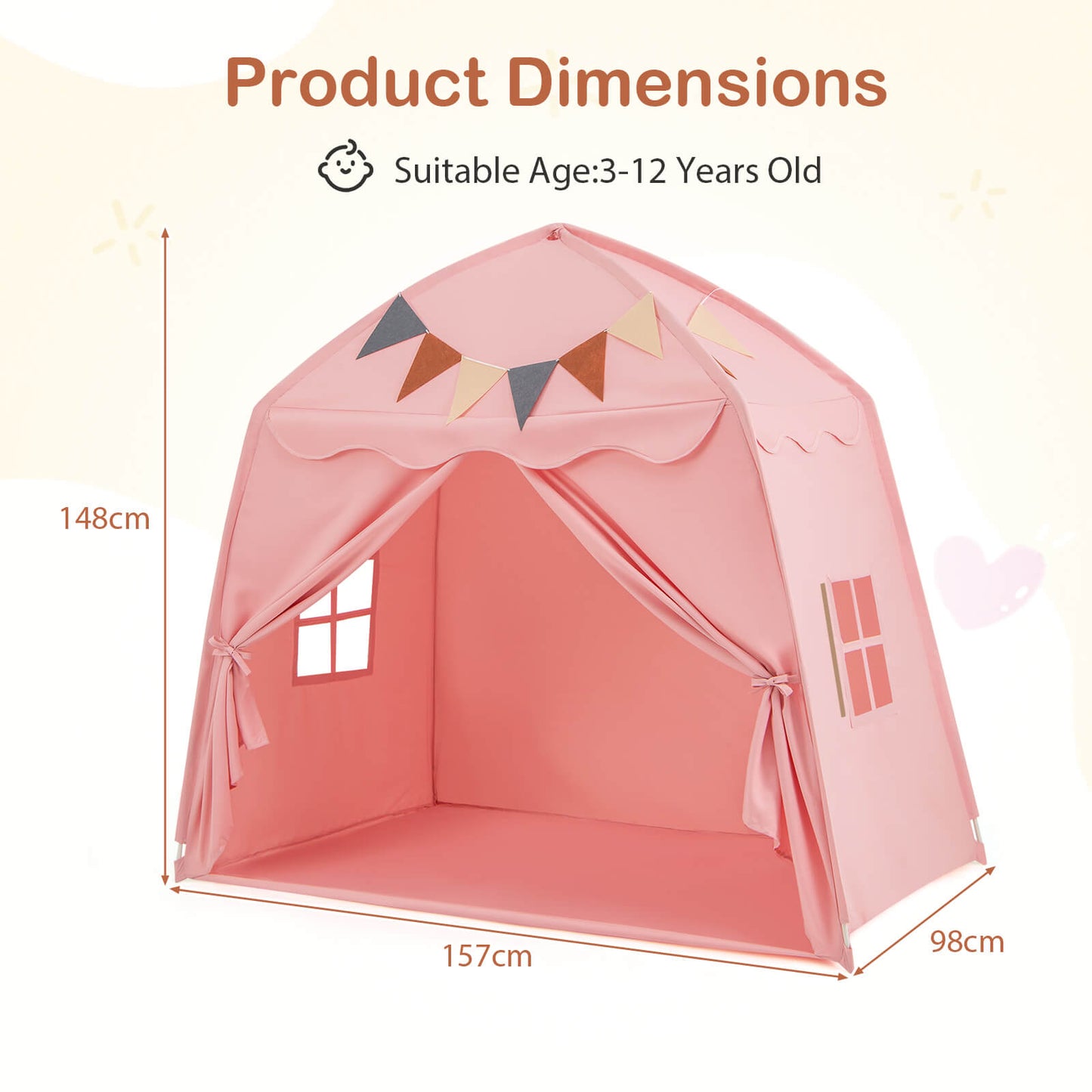 Kids Play Tent Bed Tent Extra Large with Lights for 3-12 Years Old-Beige
