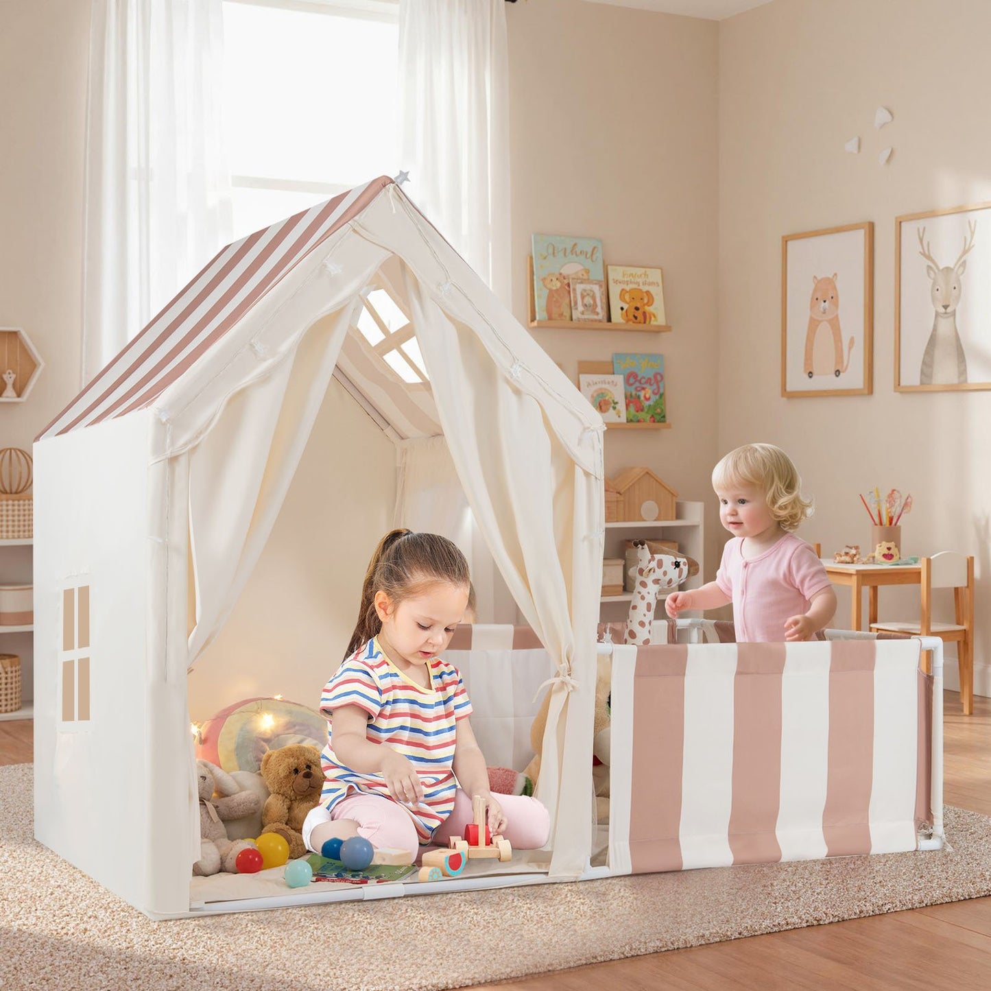 2-in-1 Kids Play Tent with Playpen and Washable Cotton Mat-Beige