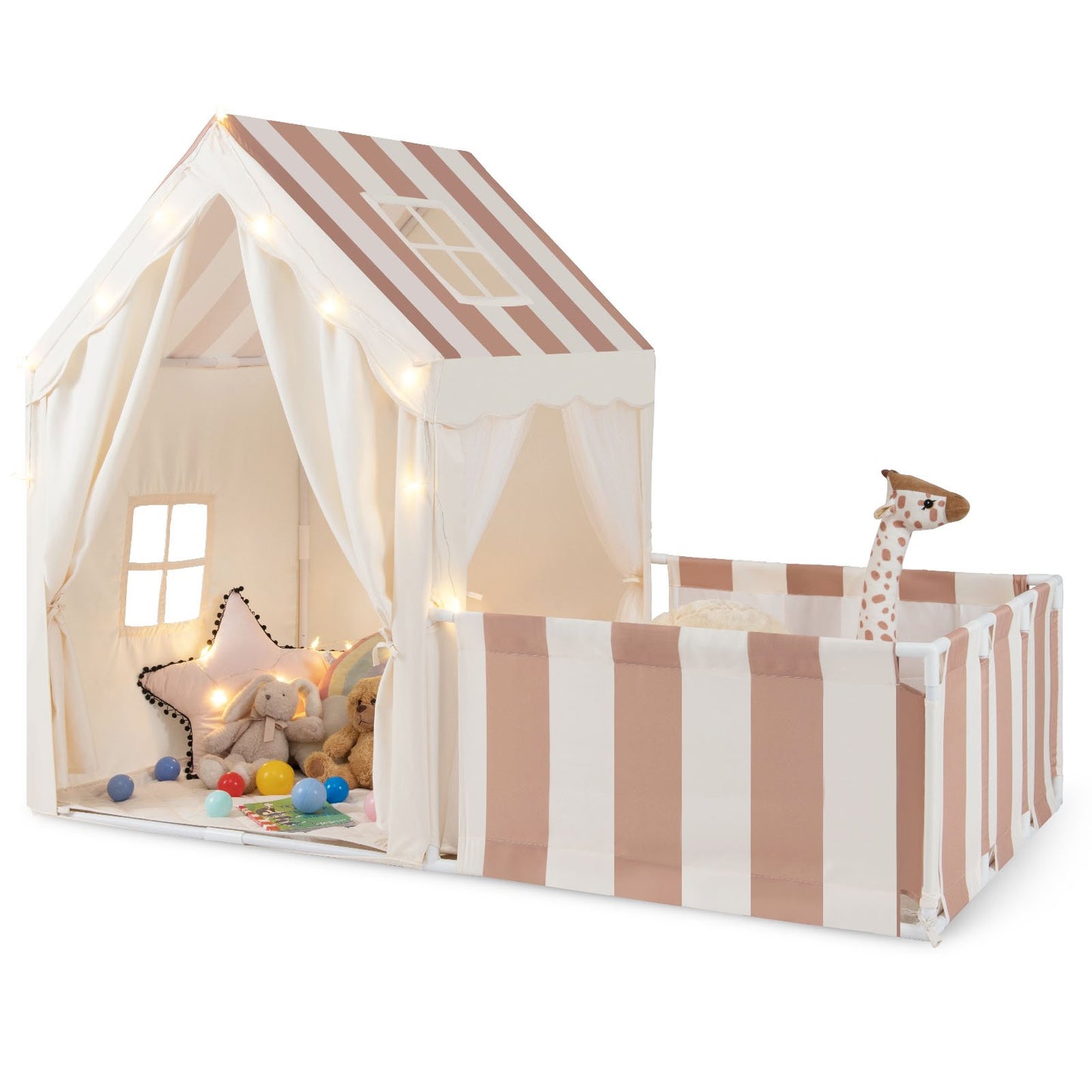 2-in-1 Kids Play Tent with Playpen and Washable Cotton Mat-Beige