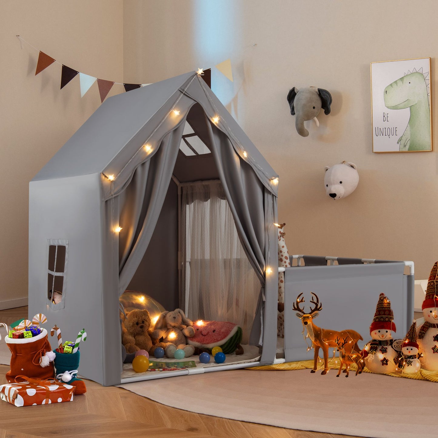 2-in-1 Kids Play Tent with Playpen and Washable Cotton Mat-Beige