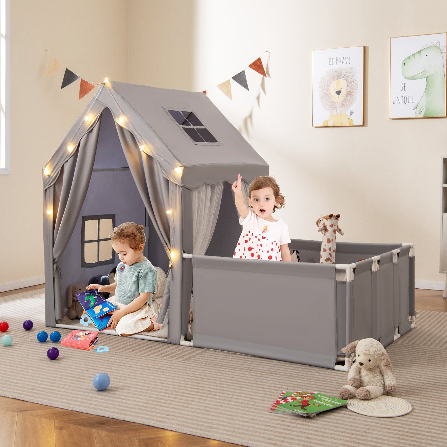 2-in-1 Kids Play Tent with Playpen and Washable Cotton Mat-Beige