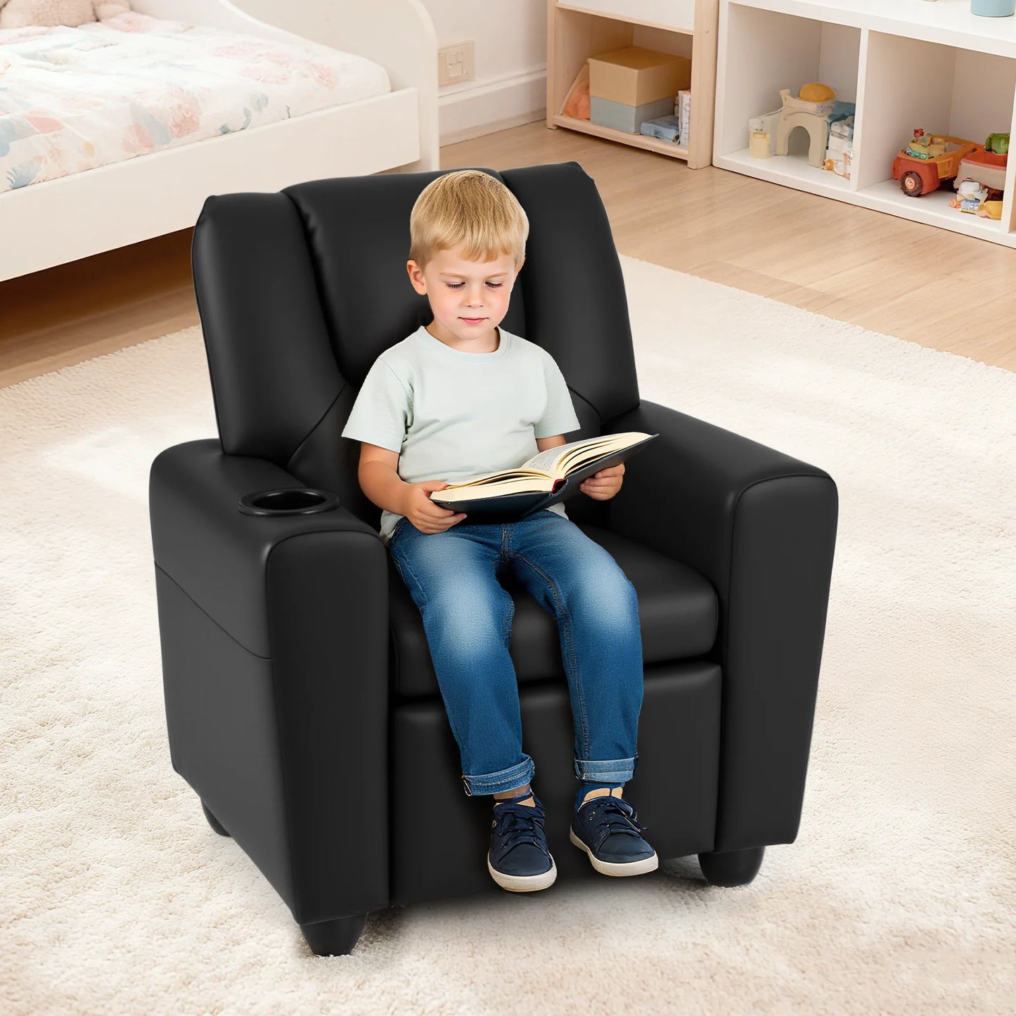 Kids Recliner with Cup Holder PU Leather Kids Reclining Chair-Beige