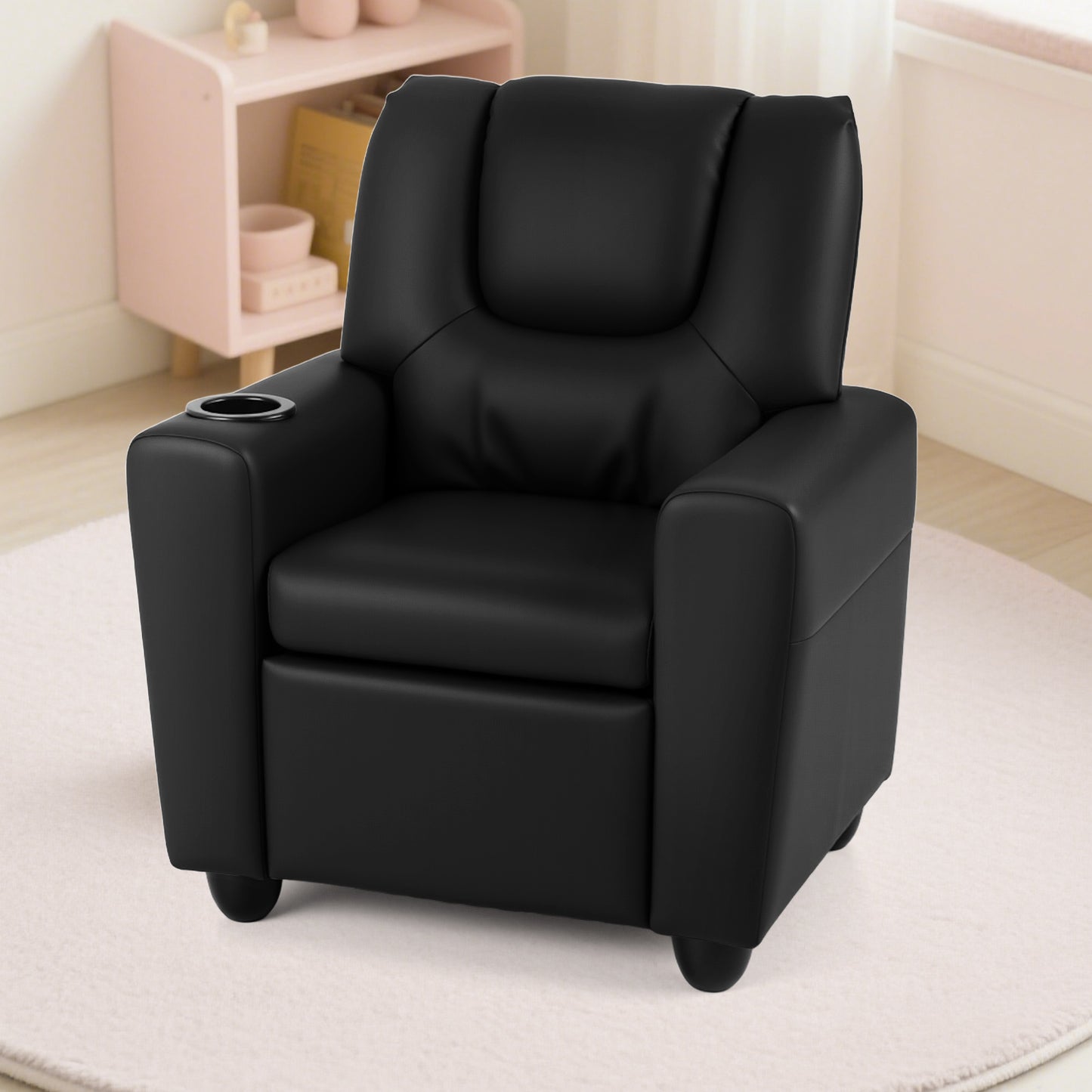 Kids Recliner with Cup Holder PU Leather Kids Reclining Chair-Beige