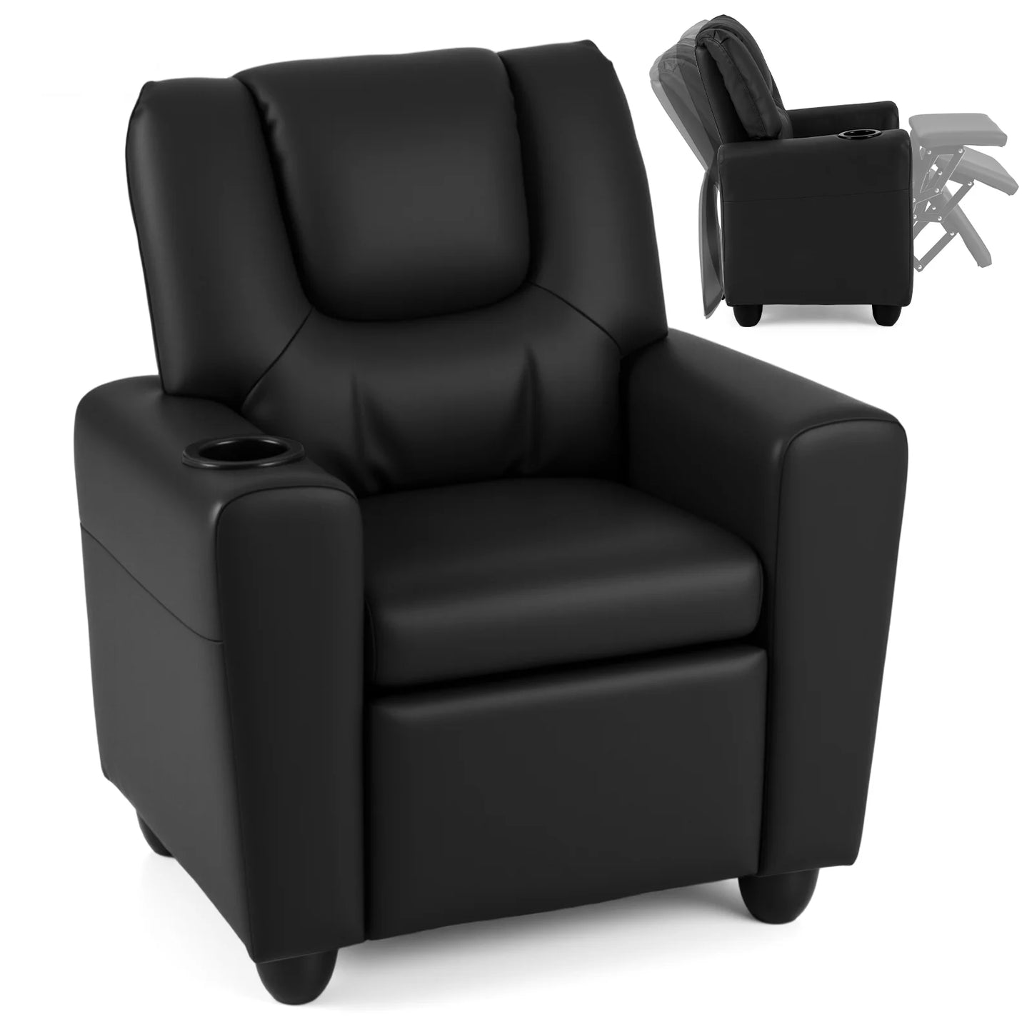 Kids Recliner with Cup Holder PU Leather Kids Reclining Chair-Beige
