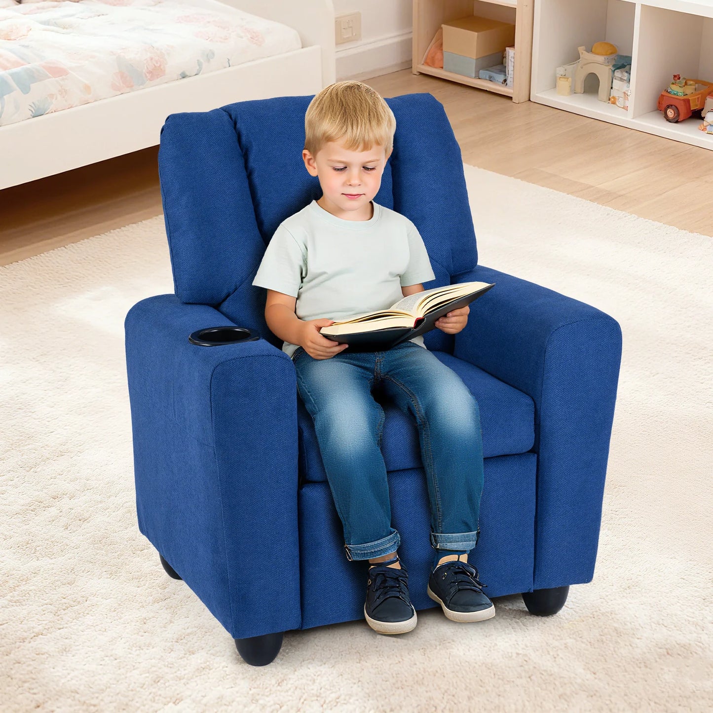 Kids Recliner with Cup Holder PU Leather Kids Reclining Chair-Beige