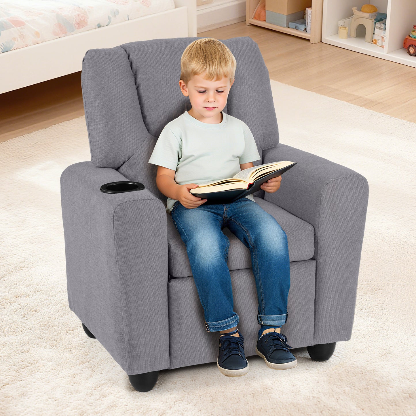 Kids Recliner with Cup Holder PU Leather Kids Reclining Chair-Beige