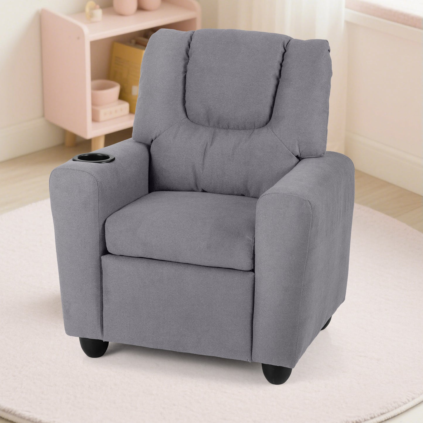 Kids Recliner with Cup Holder PU Leather Kids Reclining Chair-Beige