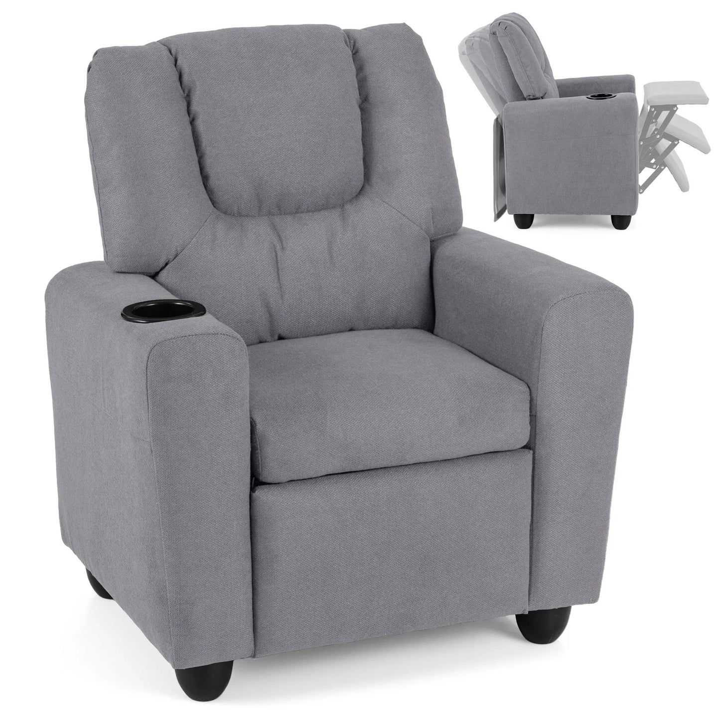 Kids Recliner with Cup Holder PU Leather Kids Reclining Chair-Beige