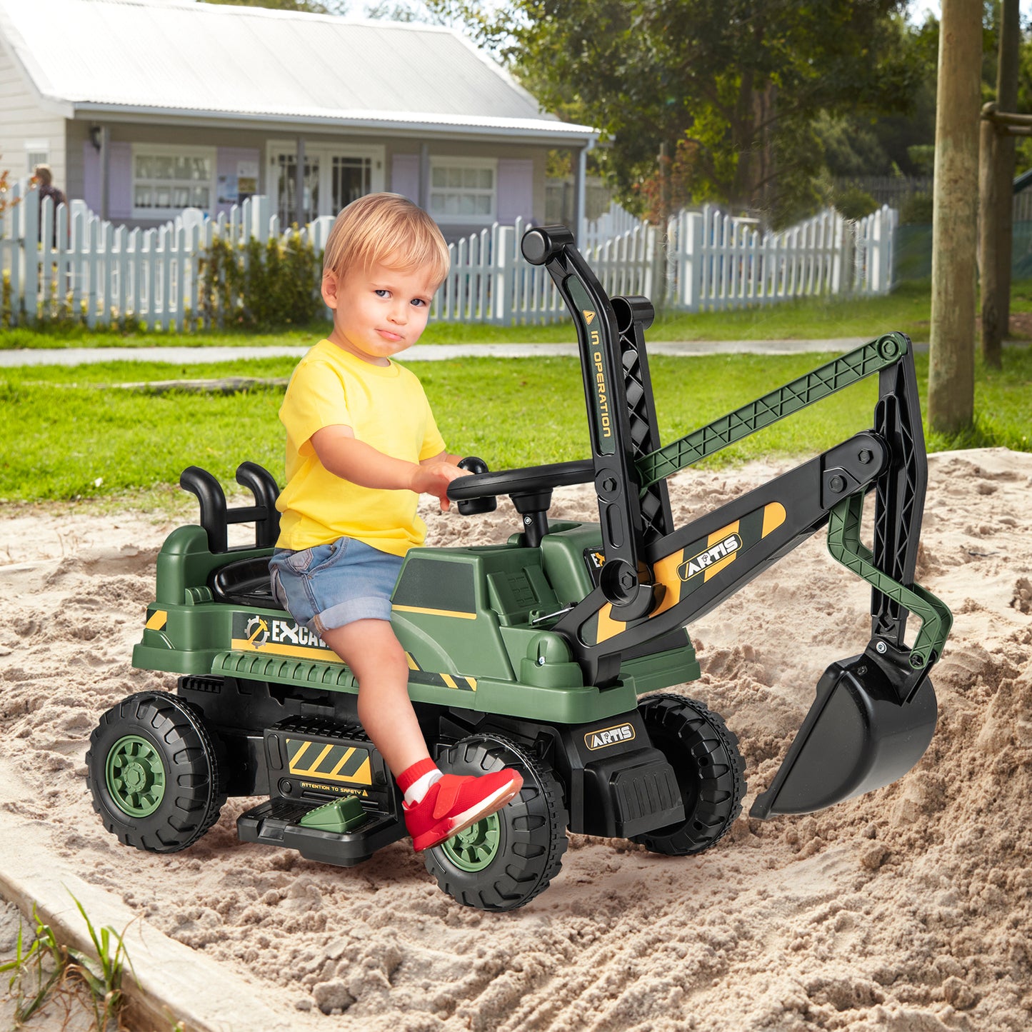 Kids Ride On Excavator with Rotating Seat and Underneath Storage-Green