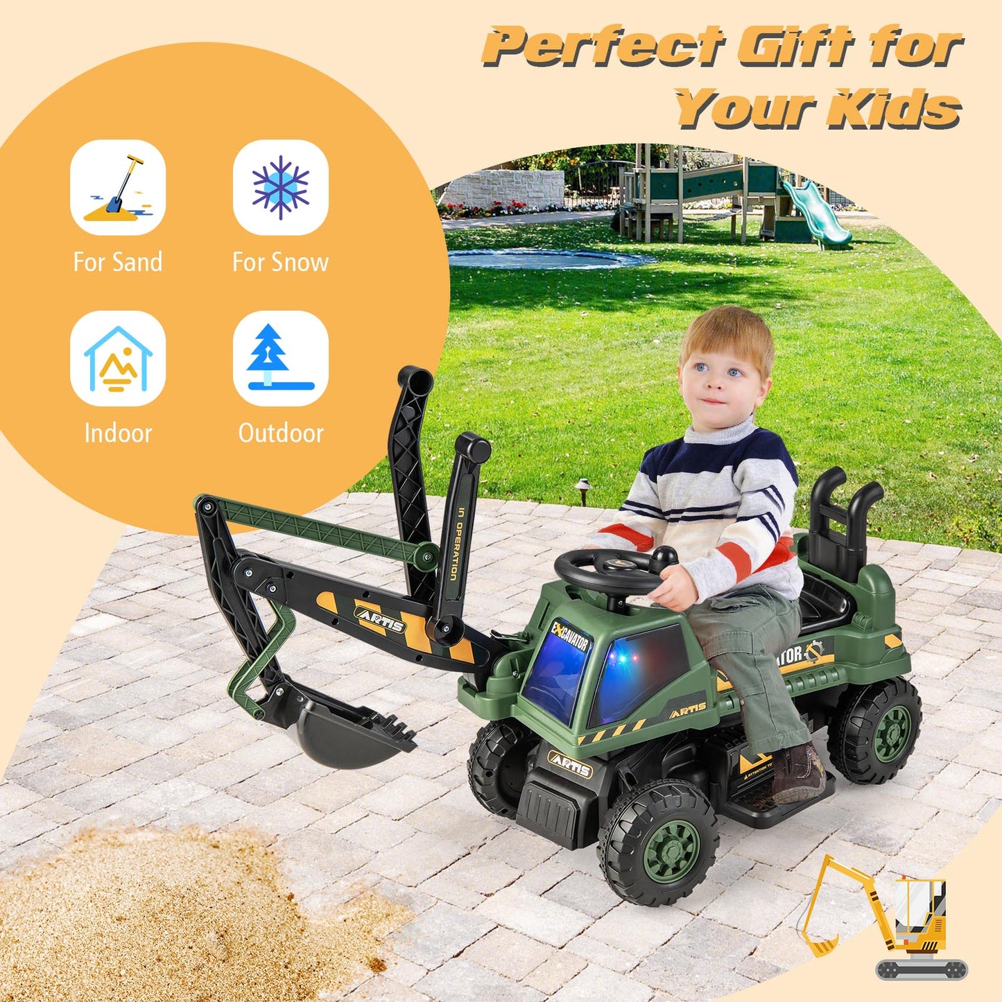 Kids Ride On Excavator with Rotating Seat and Underneath Storage-Green