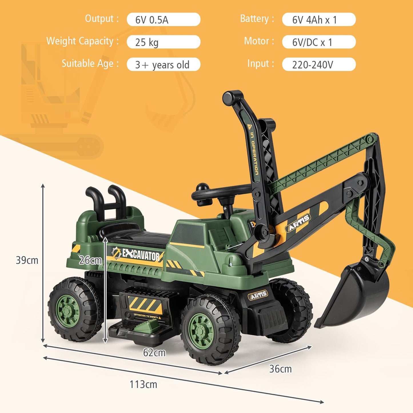 Kids Ride On Excavator with Rotating Seat and Underneath Storage-Green