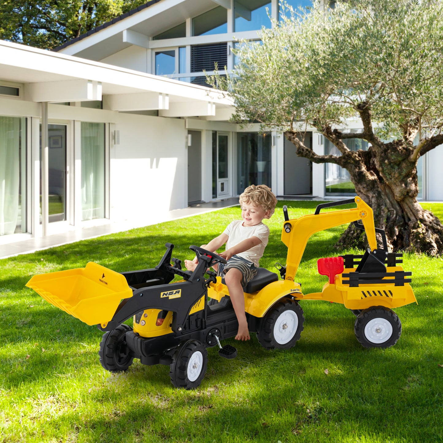 3-in-1 Kids Ride On Pedal Excavator with Detachable Trailer-Green