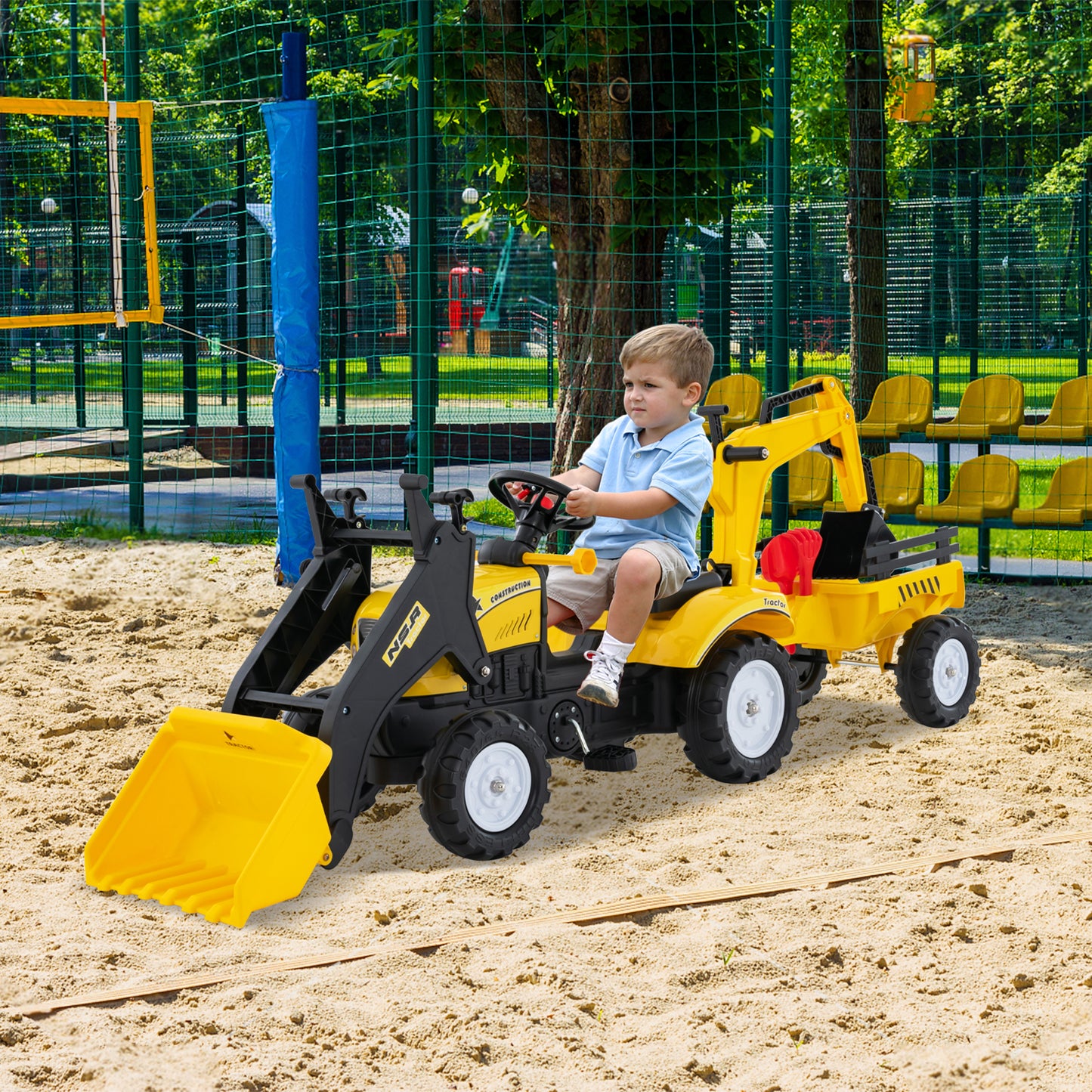3-in-1 Kids Ride On Pedal Excavator with Detachable Trailer-Green