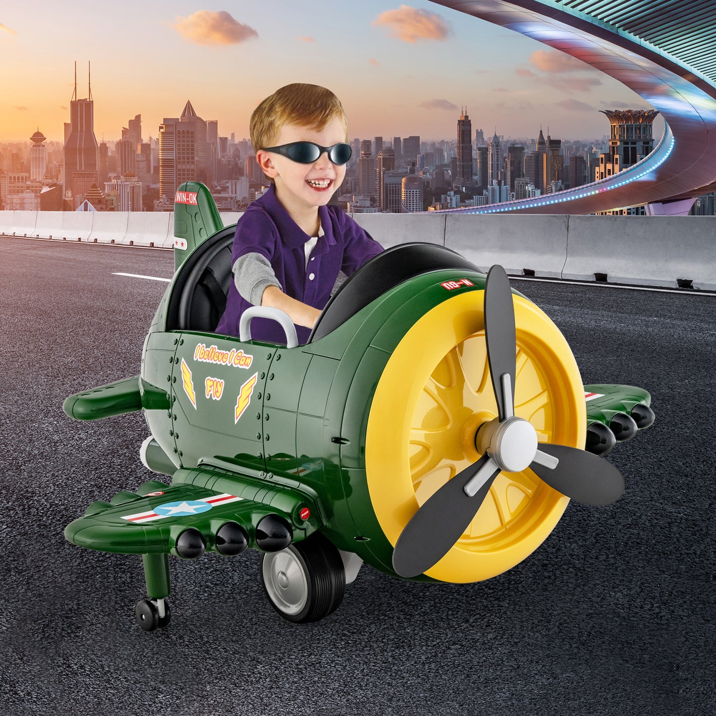 Kids Ride On Electric Airplane Car Toy with Joysticks and Remote Control-Blue