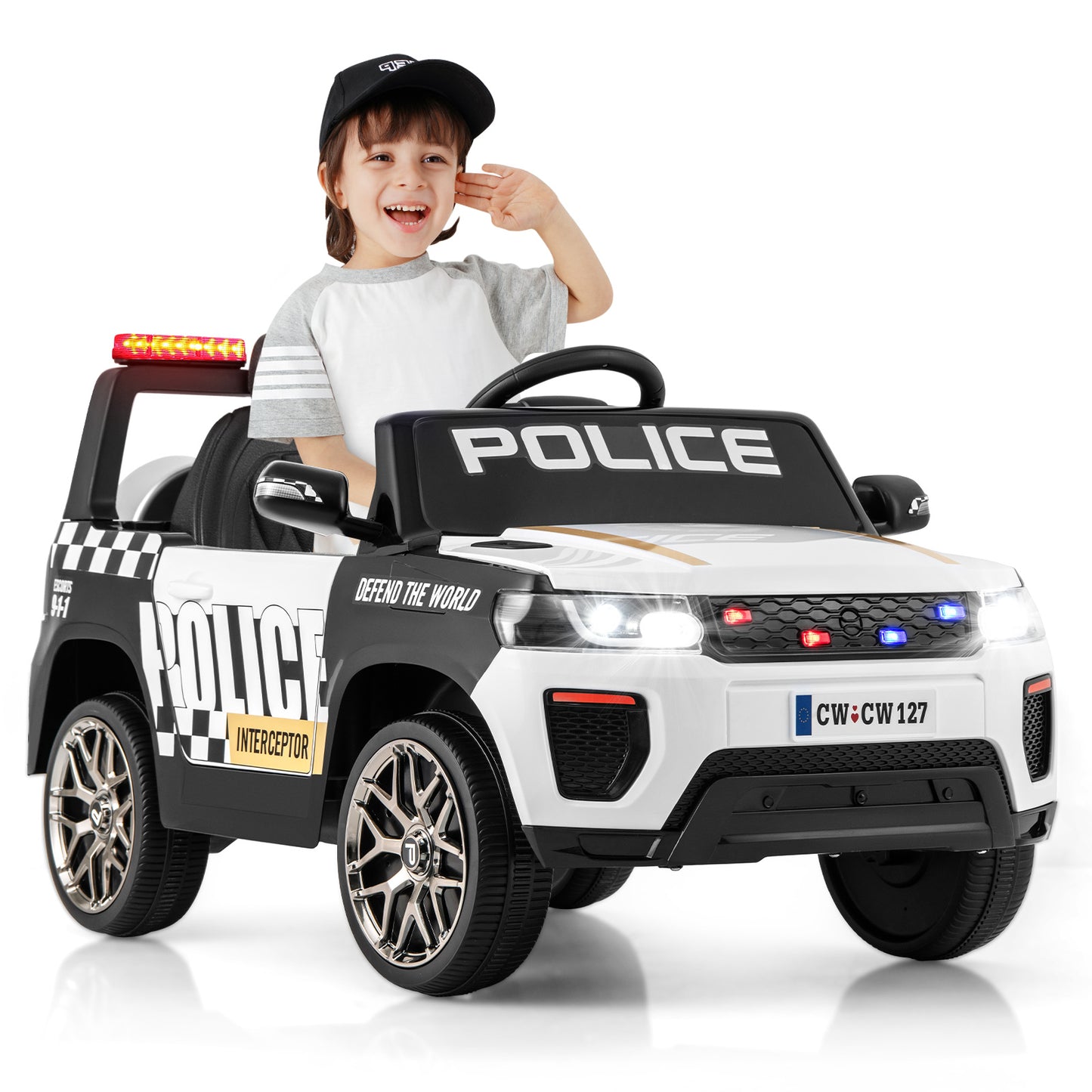 12V Kid Ride on Police Car with Remote Control for Children-Black