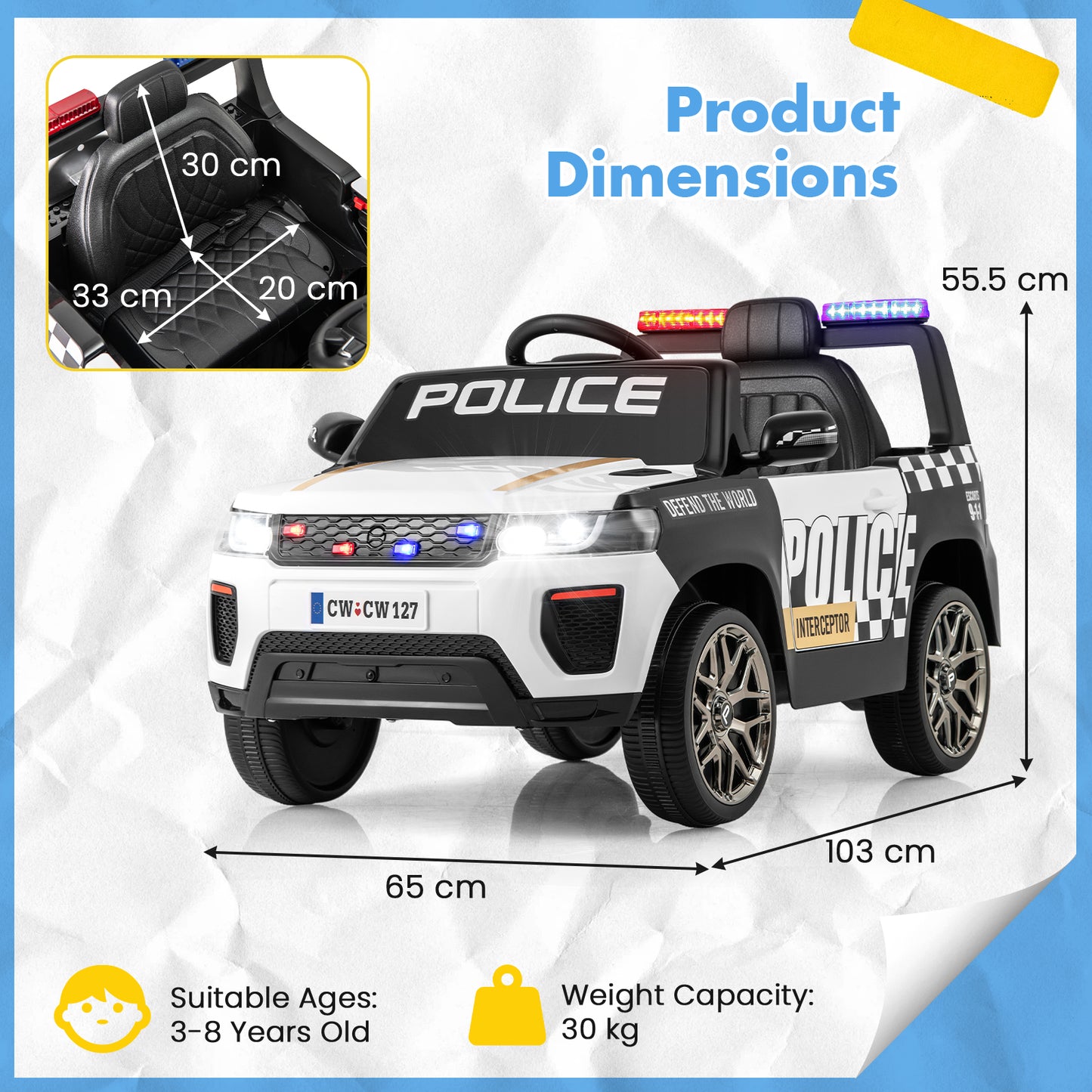 12V Kid Ride on Police Car with Remote Control for Children-Black