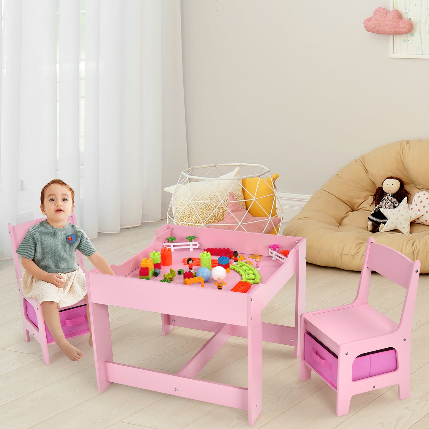 Children's Table and Chair Set with Storage Boxes-Beige
