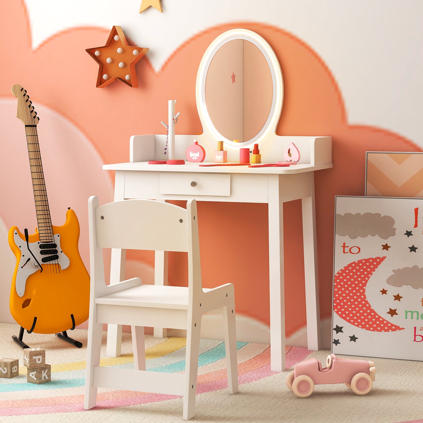 Kids Vanity Set Makeup Beauty Dressing Table and Chair with Lighted Mirror-Pink