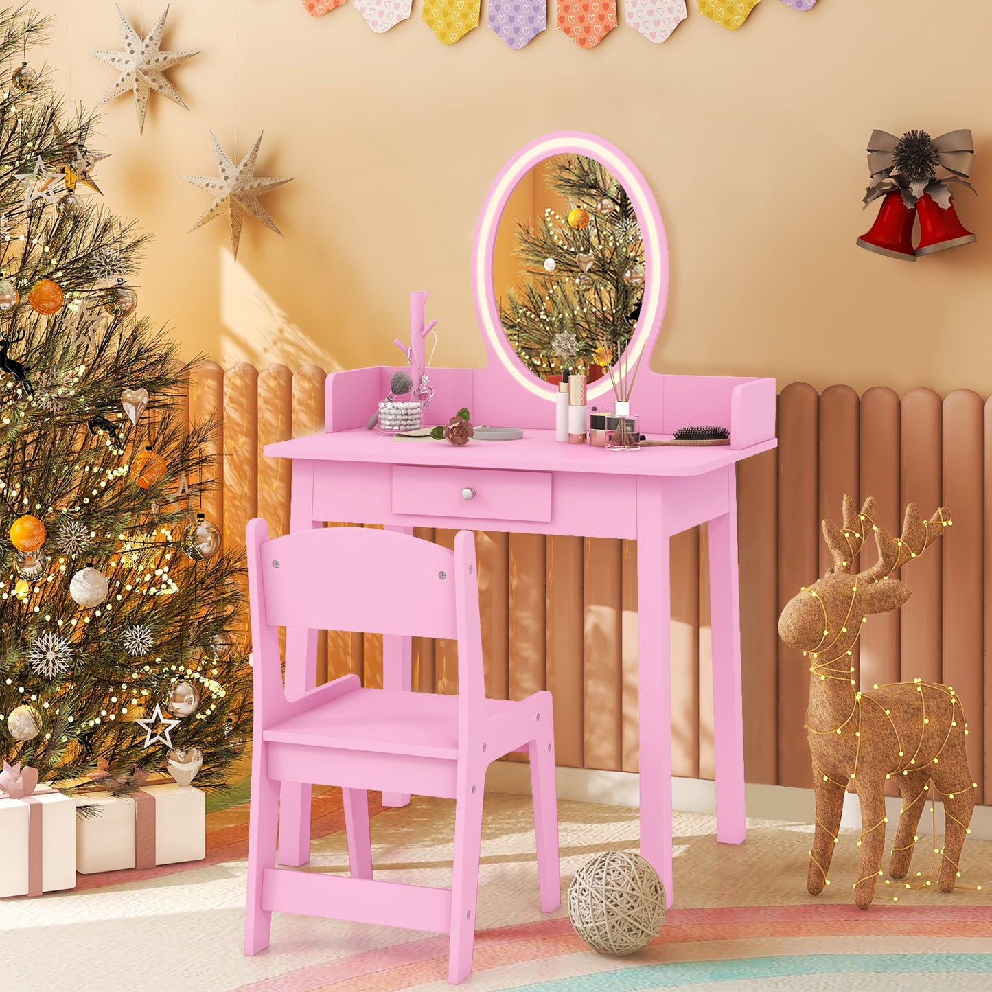 Kids Vanity Set Makeup Beauty Dressing Table and Chair with Lighted Mirror-Pink