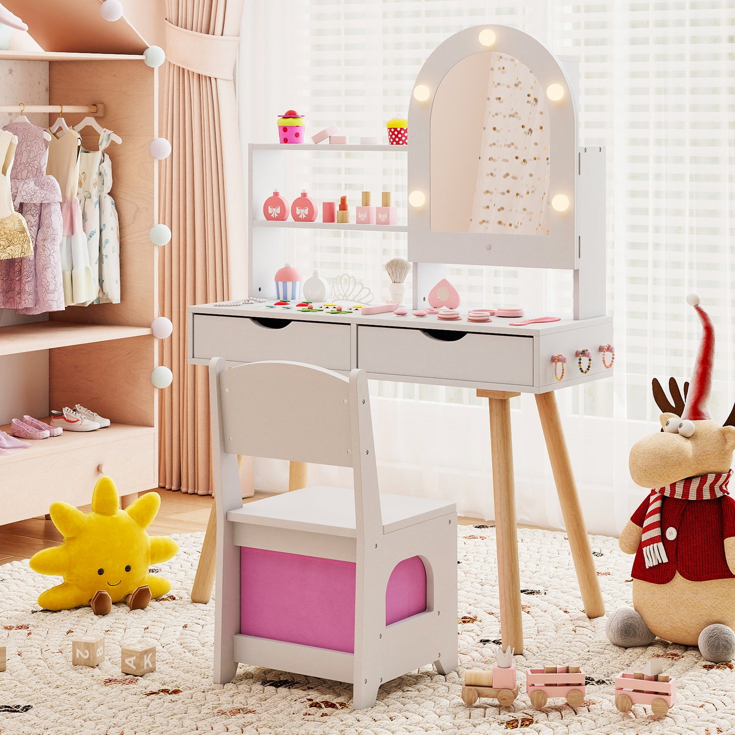 Kids Vanity Set Pretend Play Dressing Table Set with 3-Color Lighting Modes-Pink