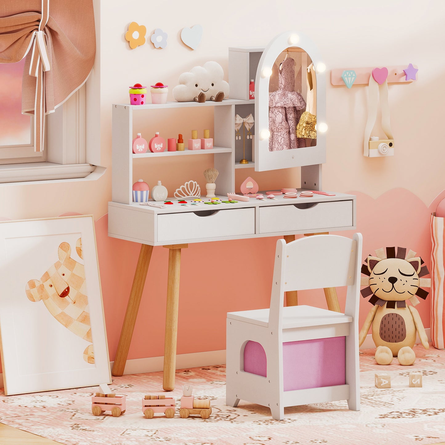 Kids Vanity Set Pretend Play Dressing Table Set with 3-Color Lighting Modes-Pink