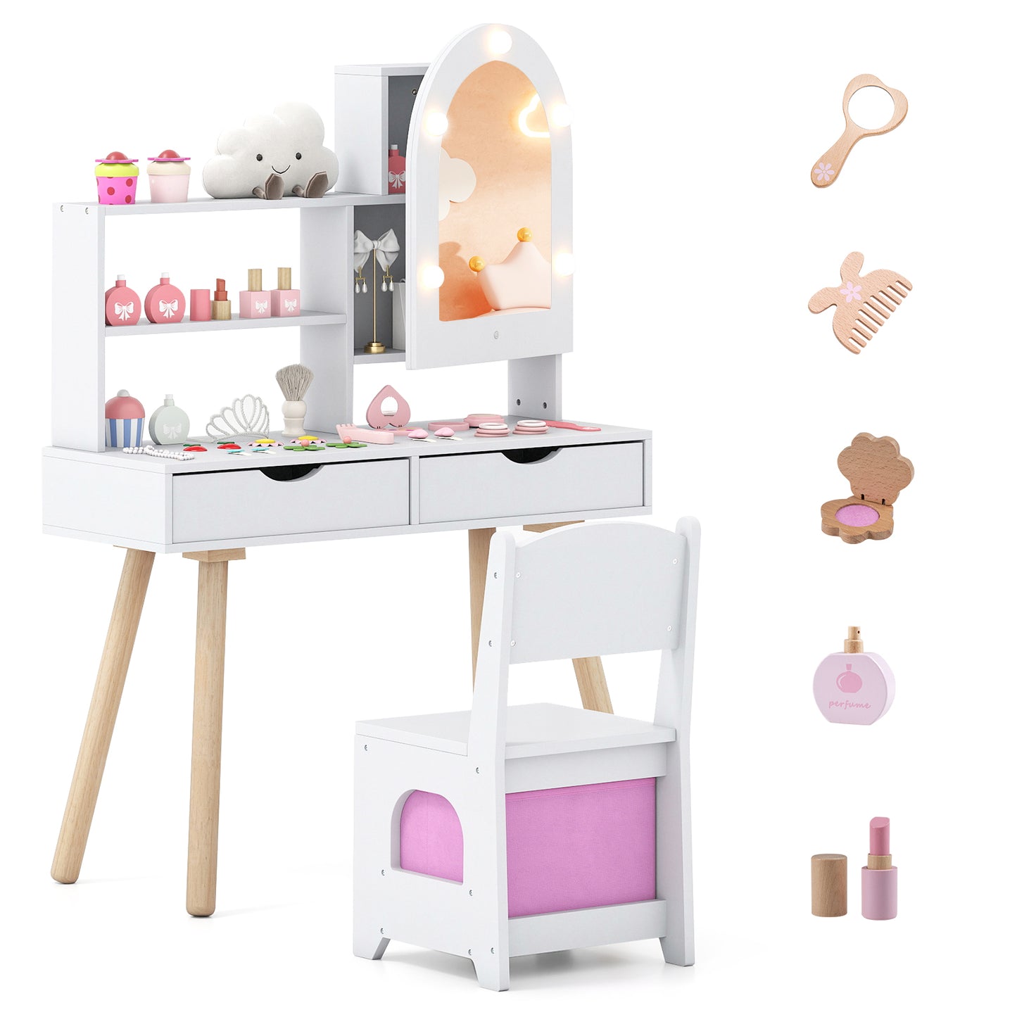 Kids Vanity Set Pretend Play Dressing Table Set with 3-Color Lighting Modes-Pink