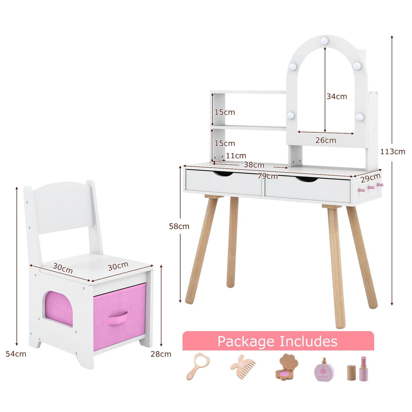 Kids Vanity Set Pretend Play Dressing Table Set with 3-Color Lighting Modes-Pink