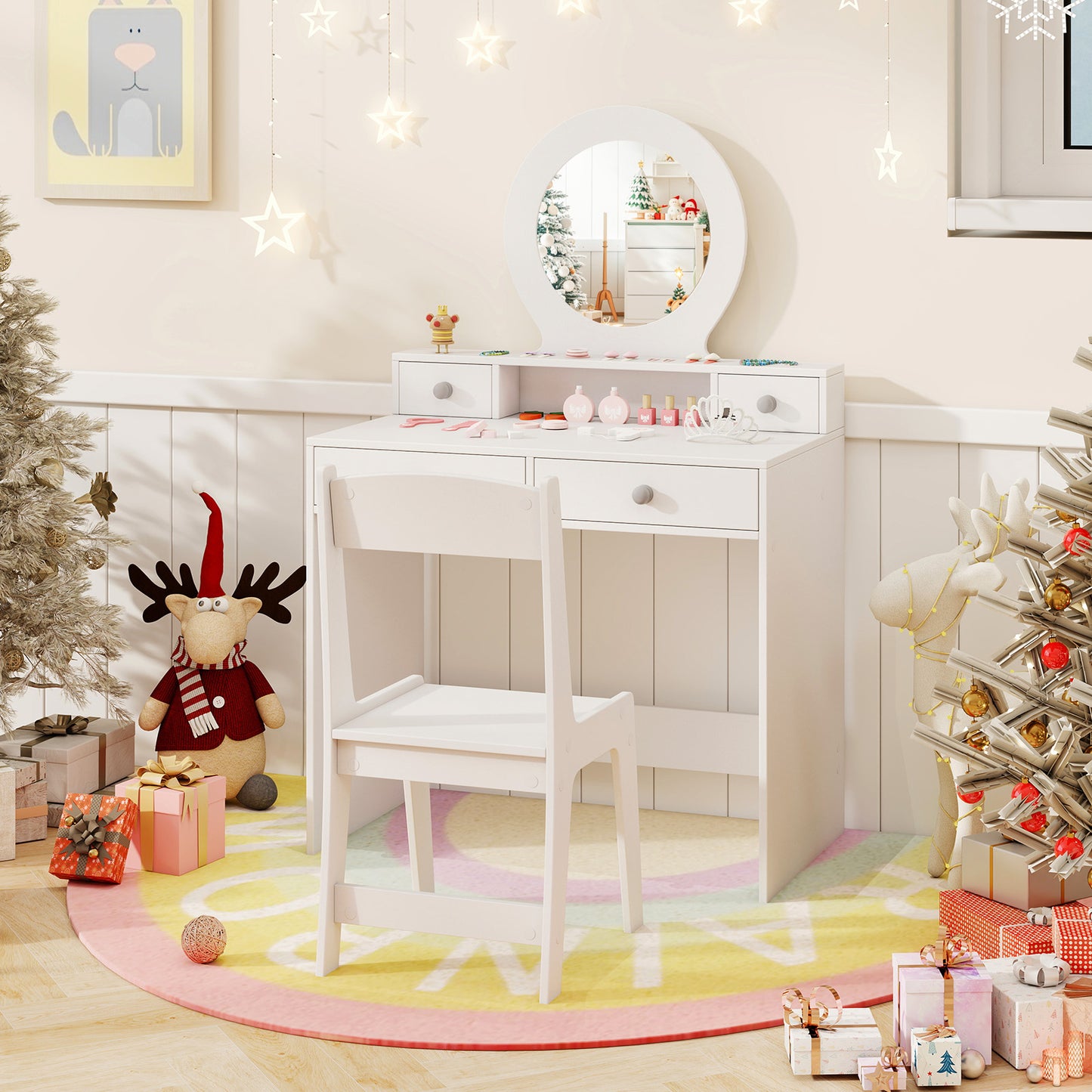 Kids Vanity Set with Open Shelf and 4 Storage Drawers-Pink