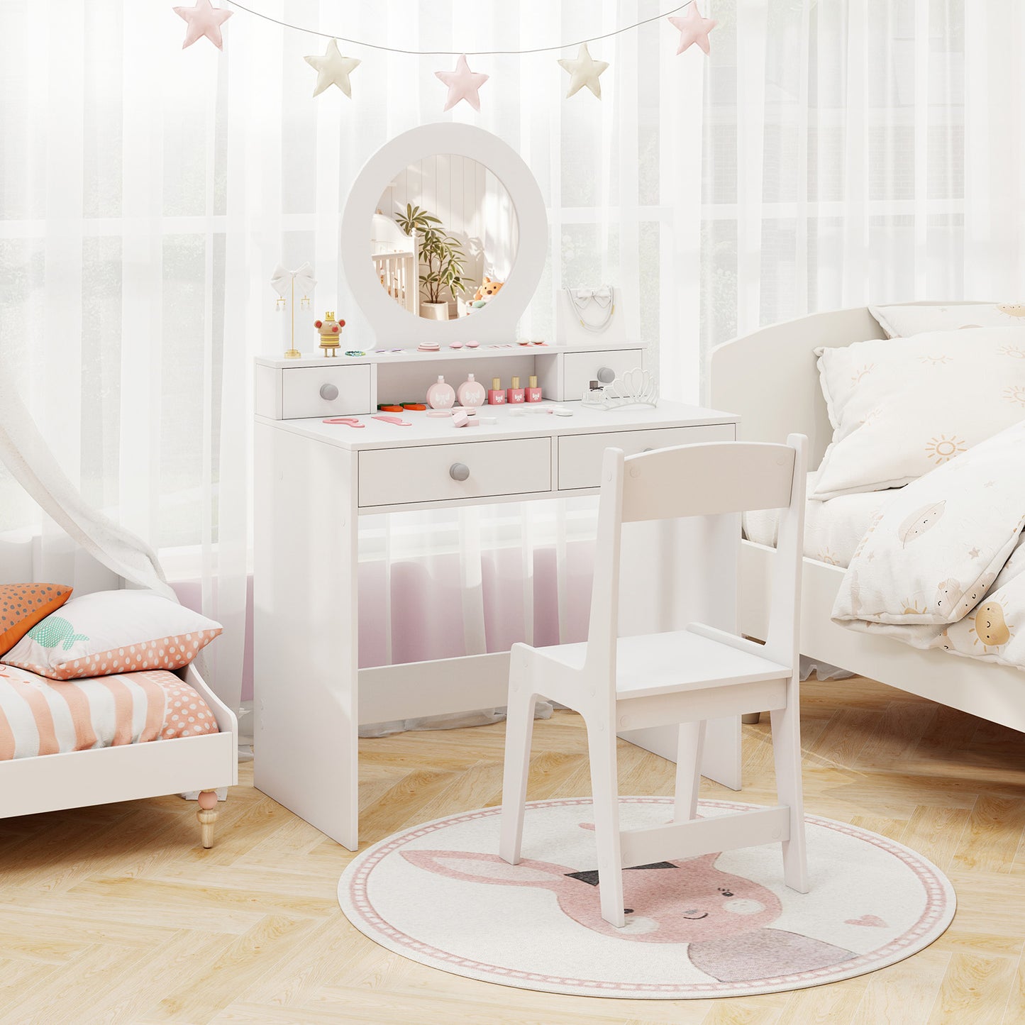 Kids Vanity Set with Open Shelf and 4 Storage Drawers-Pink
