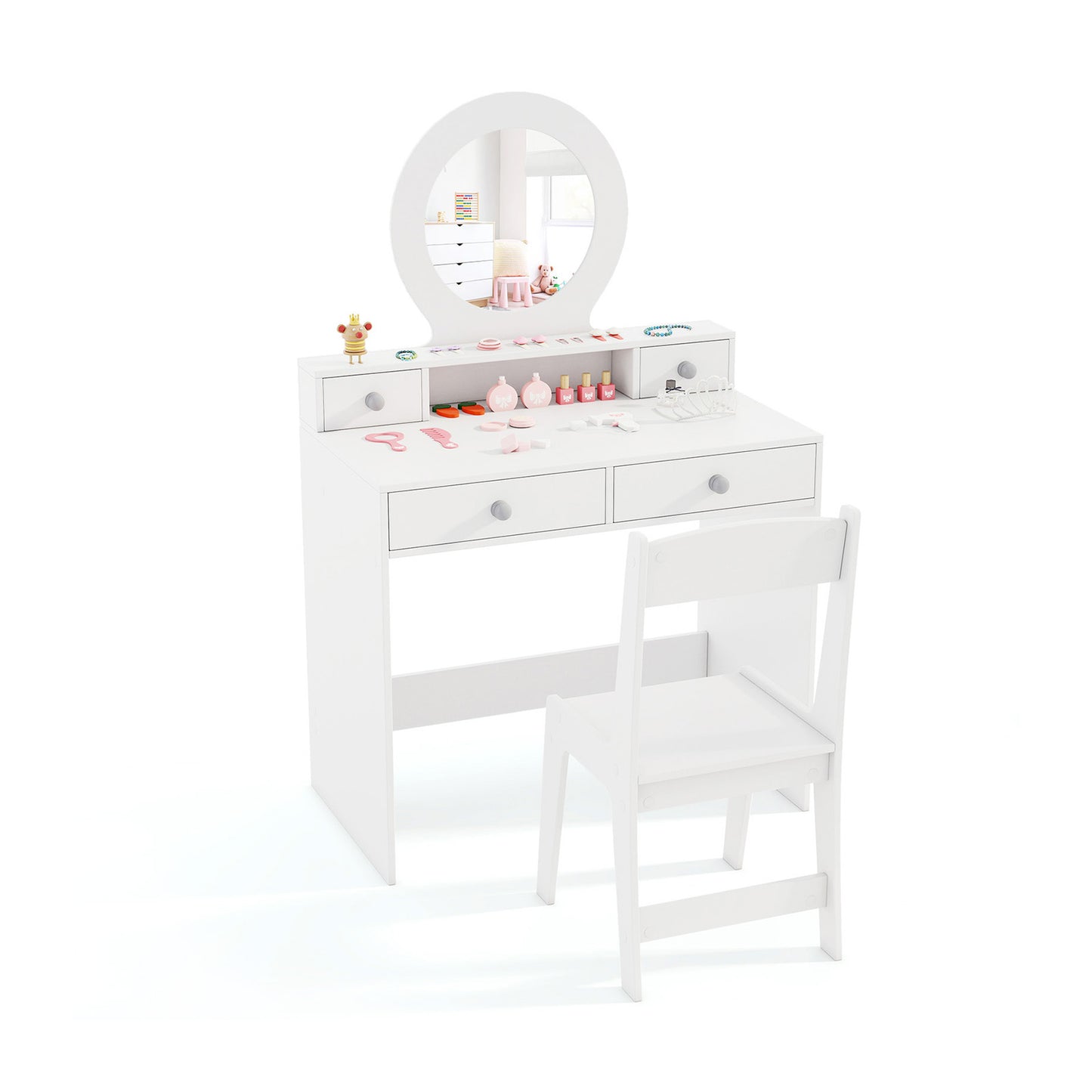 Kids Vanity Set with Open Shelf and 4 Storage Drawers-Pink