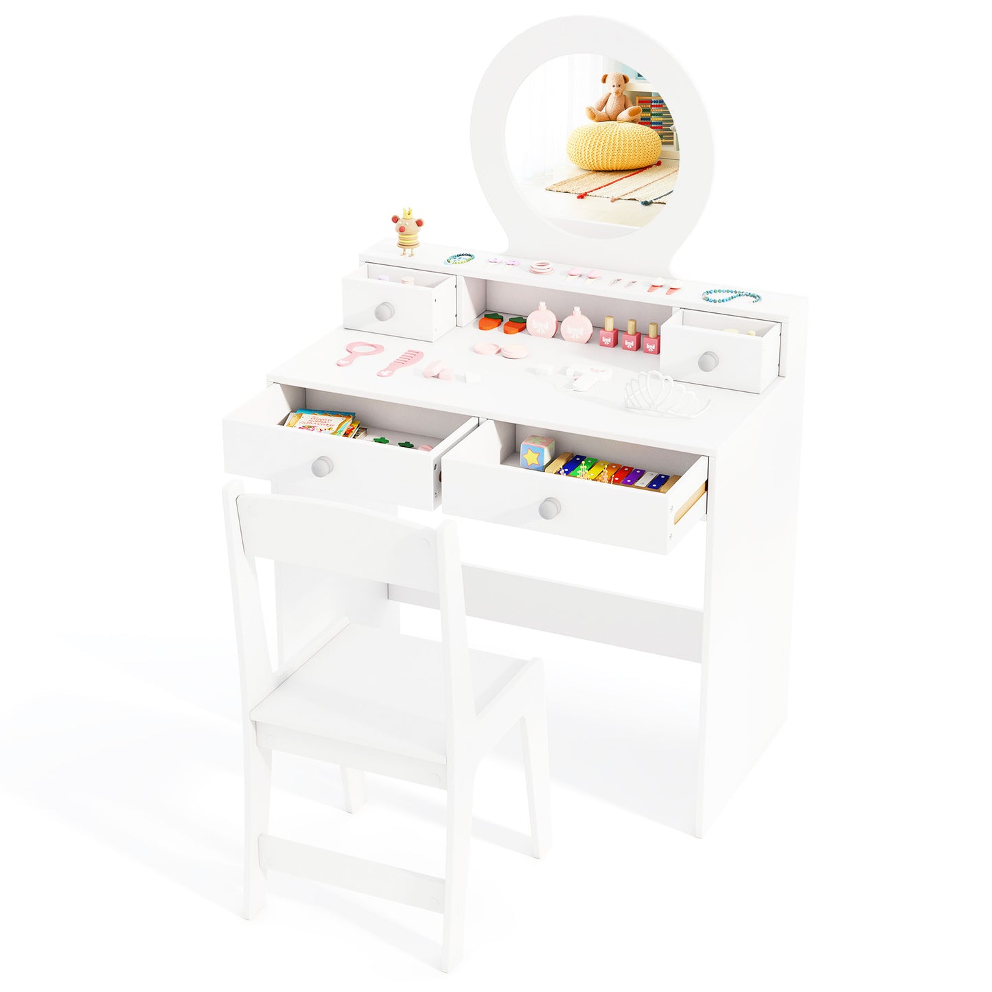 Kids Vanity Set with Open Shelf and 4 Storage Drawers-Pink