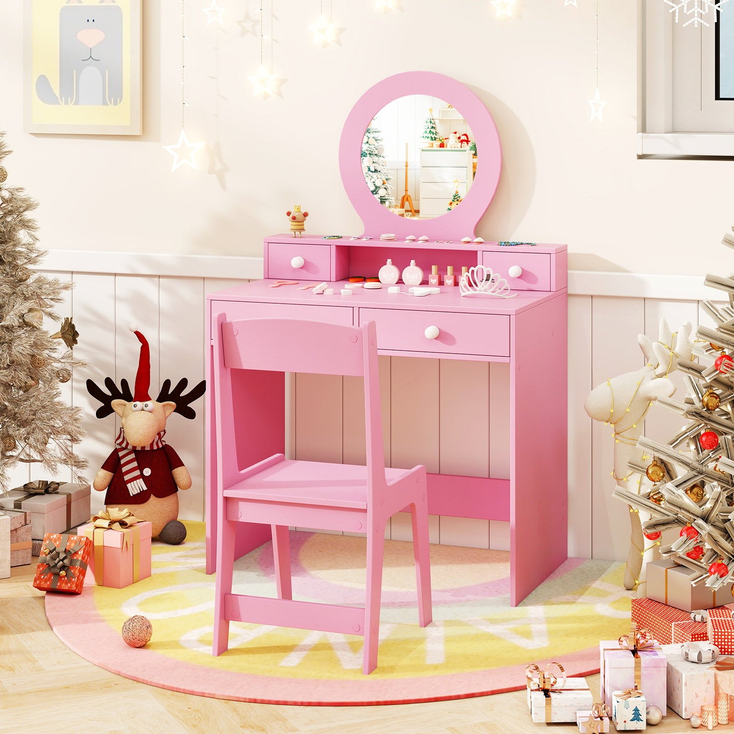 Kids Vanity Set with Open Shelf and 4 Storage Drawers-Pink