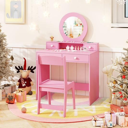 Kids Vanity Set with Open Shelf and 4 Storage Drawers-Pink