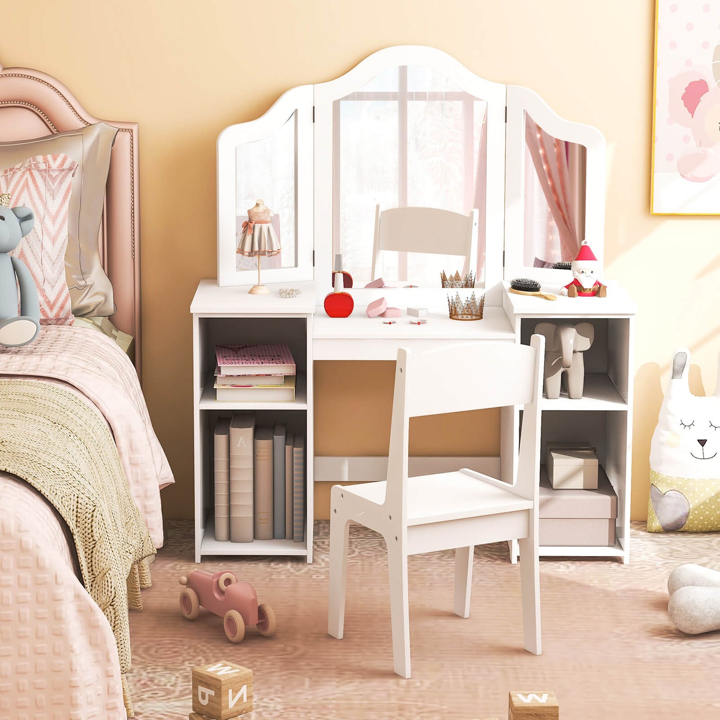 Kids Vanity Set with Tri-Folding Detachable Mirror-Pink