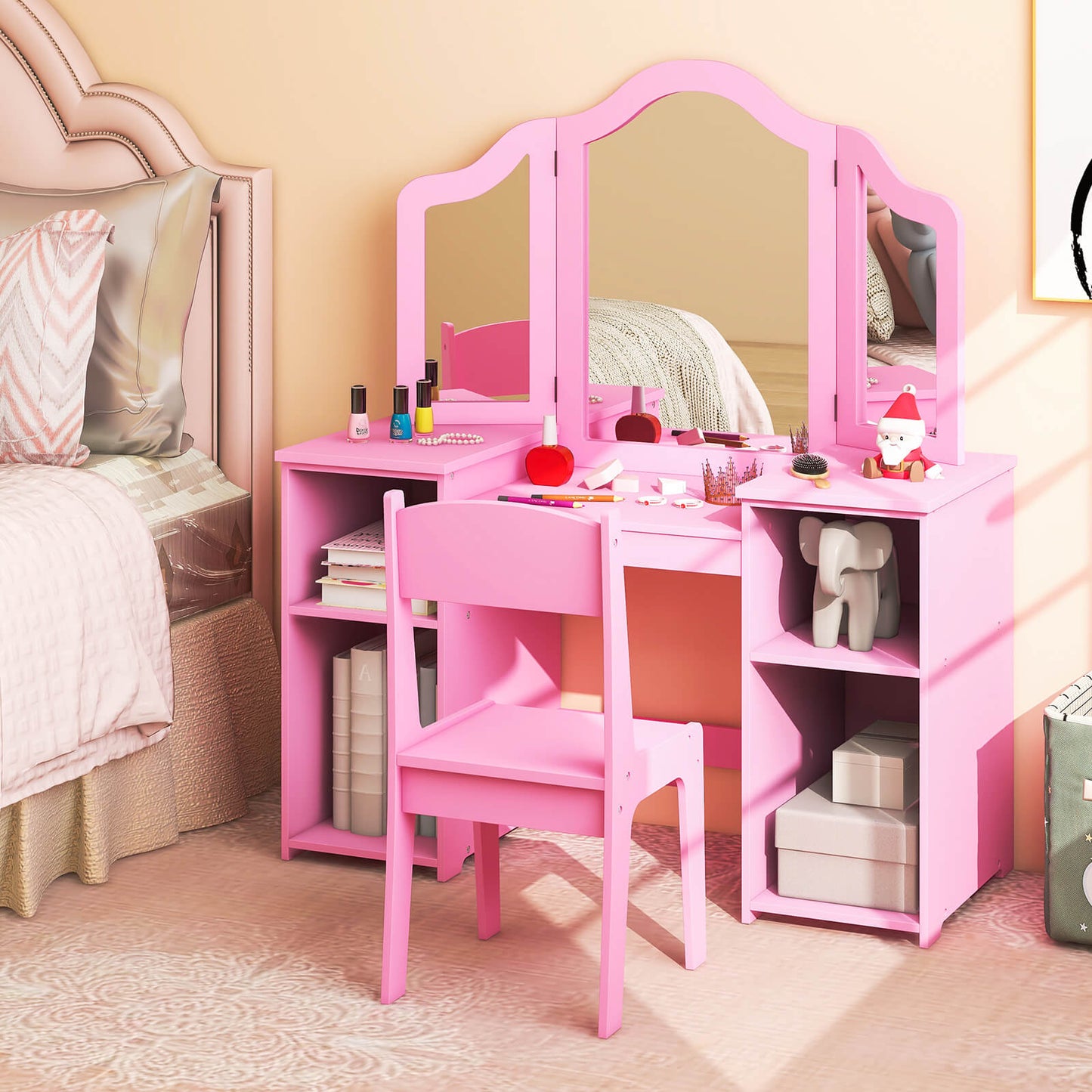 Kids Vanity Set with Tri-Folding Detachable Mirror-Pink