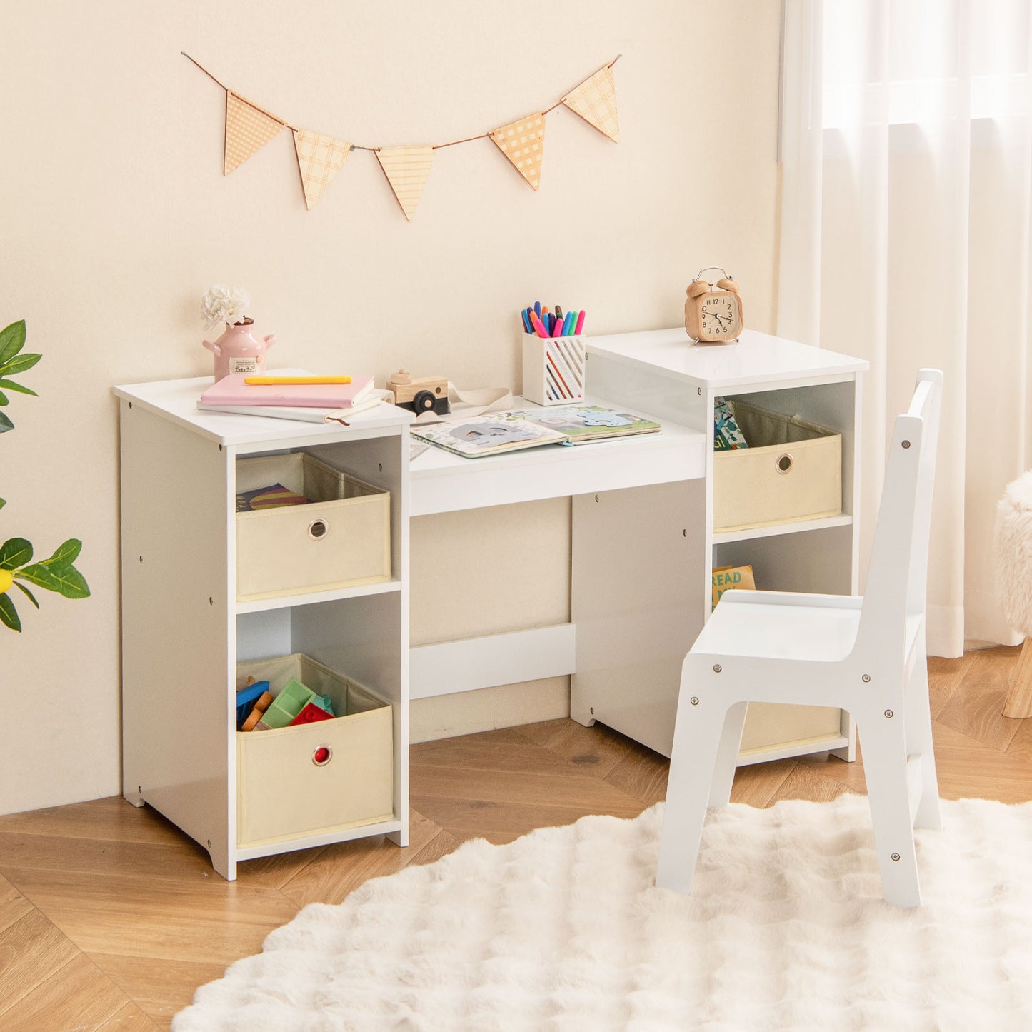 Kids Vanity Table and Chair Set with 3 Removable Mirrors and 4 Storage Bins for Children-Pink