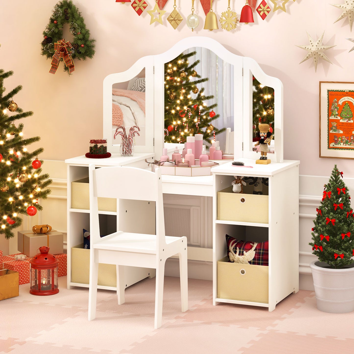 Kids Vanity Table and Chair Set with 3 Removable Mirrors and 4 Storage Bins for Children-Pink