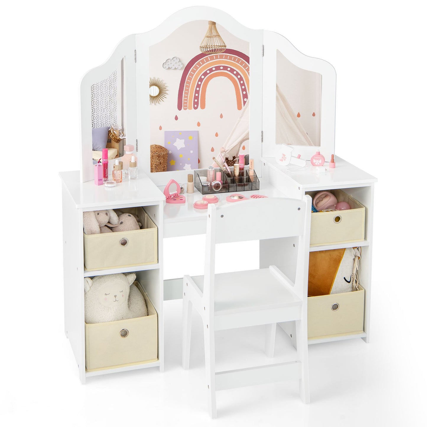 Kids Vanity Table and Chair Set with 3 Removable Mirrors and 4 Storage Bins for Children-Pink