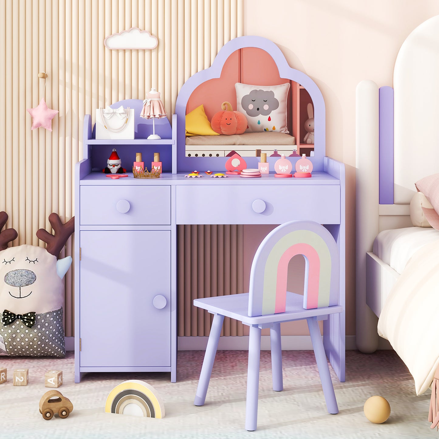 Kids Vanity Table and Chair Set with Cloud-shaped Mirror and Shelf Drawers-Purple