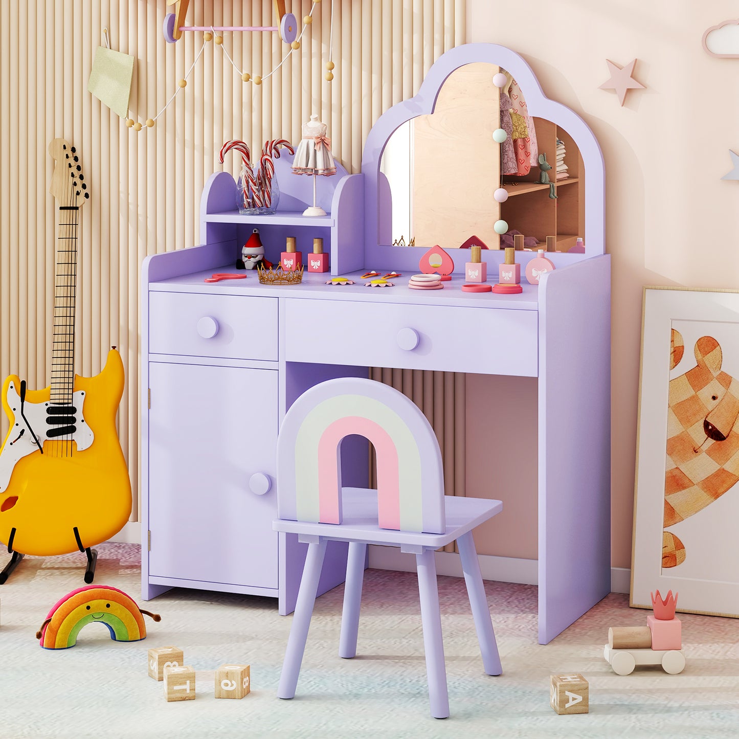 Kids Vanity Table and Chair Set with Cloud-shaped Mirror and Shelf Drawers-Purple