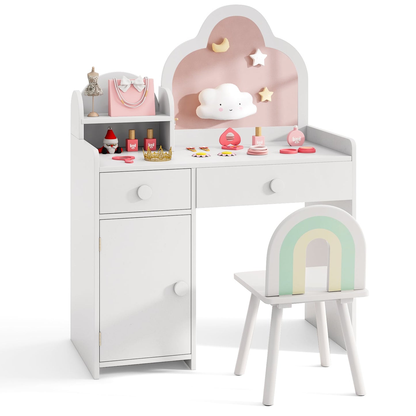 Kids Vanity Table and Chair Set with Cloud-shaped Mirror and Shelf Drawers-Purple