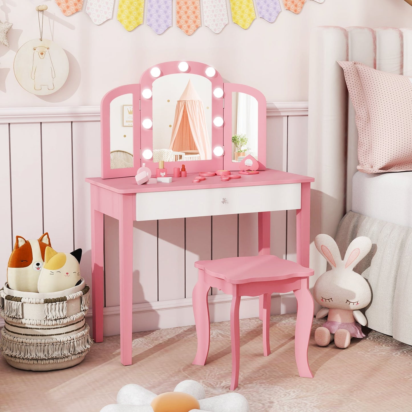 Kids Vanity Table with Mirror and Lights Princess Makeup Vanity Desk-White